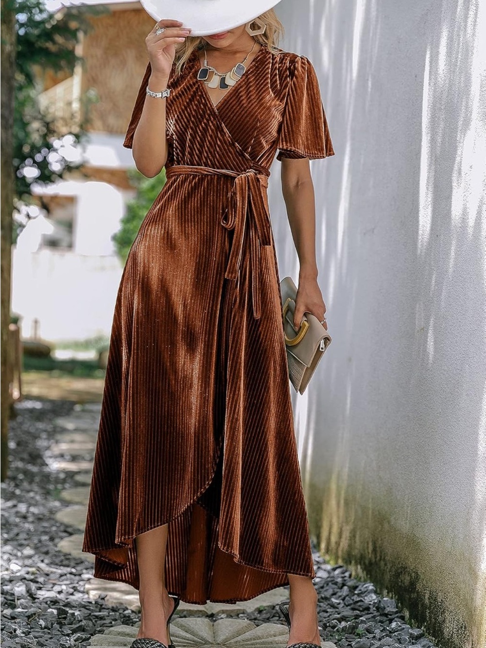 Women’s Burnt Orange Velvet Wrap Midi Dress XS Pleated Short Sleeve